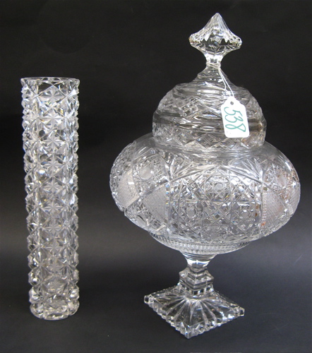 Appraisal: TWO CLEAR CUT GLASS ITEMS a covered pedestal centerpiece square