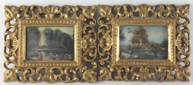 Appraisal: A pair of Italianate landscapeswatercolour on ivoryin carved gilded 'Florentine'