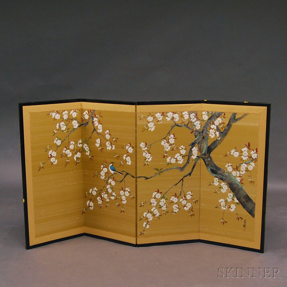 Appraisal: Hand-painted Decorative Japanese Screen th century four hinged panels depicting