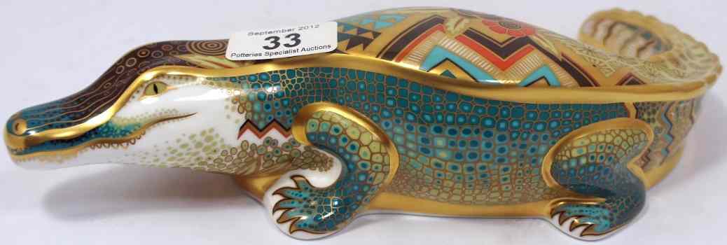 Appraisal: Royal Crown Derby Paperweight of Alligator with gold stopper boxed