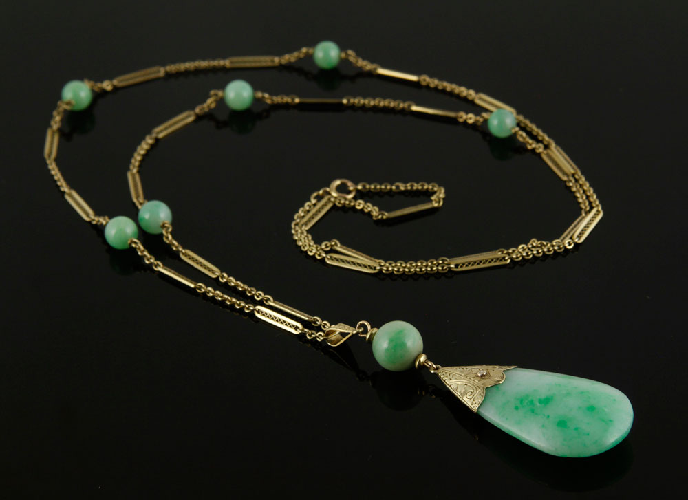 Appraisal: - Early th C K Gold and Jade Necklace Early