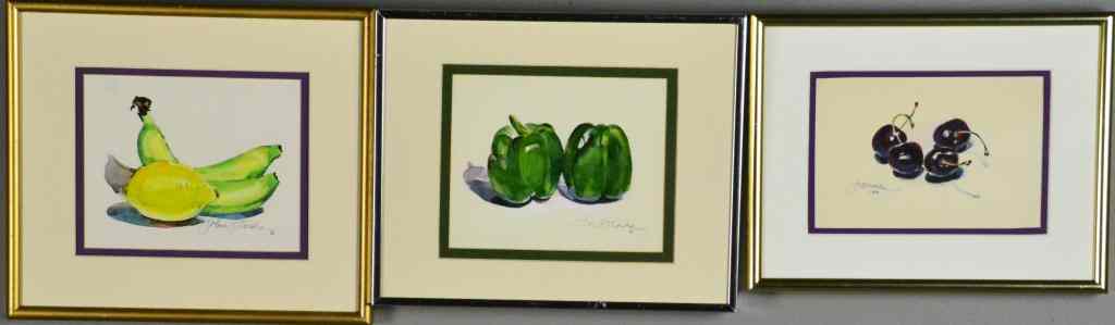 Appraisal: Watercolors by John DroskaThree watercolors of bananas cherries and green