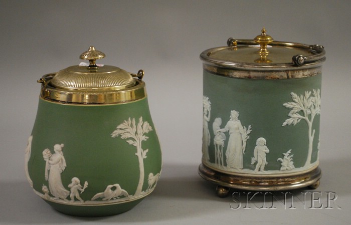 Appraisal: Two Wedgwood Silver-plate Mounted Green Jasper Dip Biscuit Jars