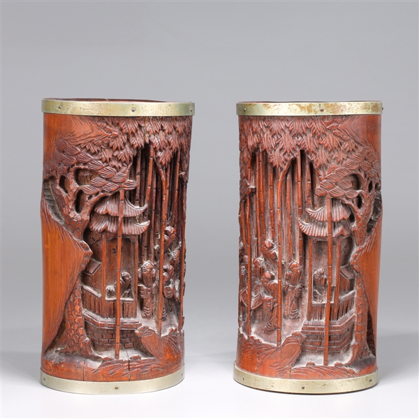 Appraisal: Antique Pair Chinese carved cylindrical form bamboo brush pots the