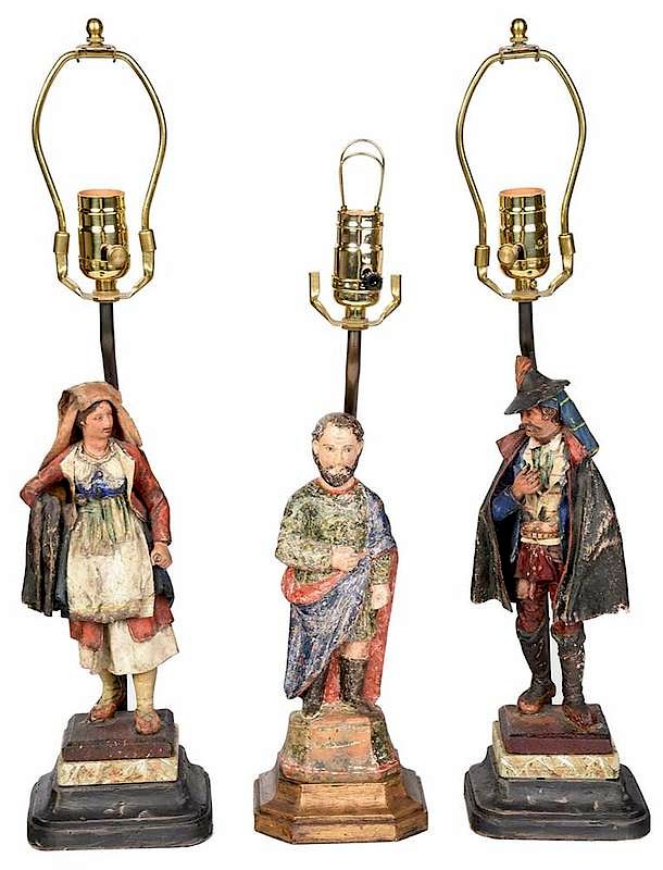 Appraisal: Three th Century Figural Lamps Continental figural bases two painted