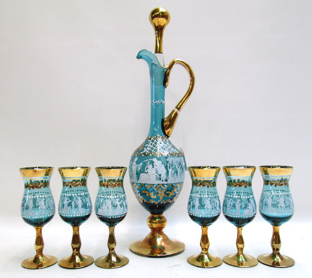 Appraisal: ITALIAN ENAMEL GLASS EWER WITH SIX STEMWARE having gilt and