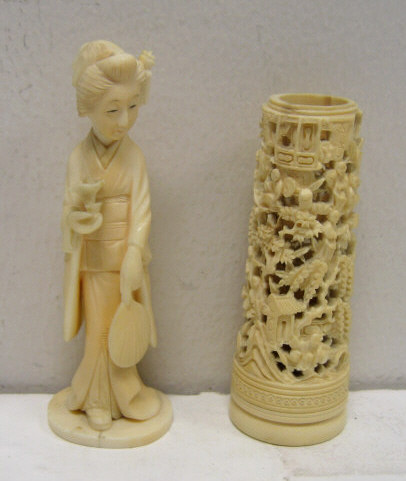 Appraisal: IVORY GEISHA FIGURE AND BRUSH POT Two pieces finely carved