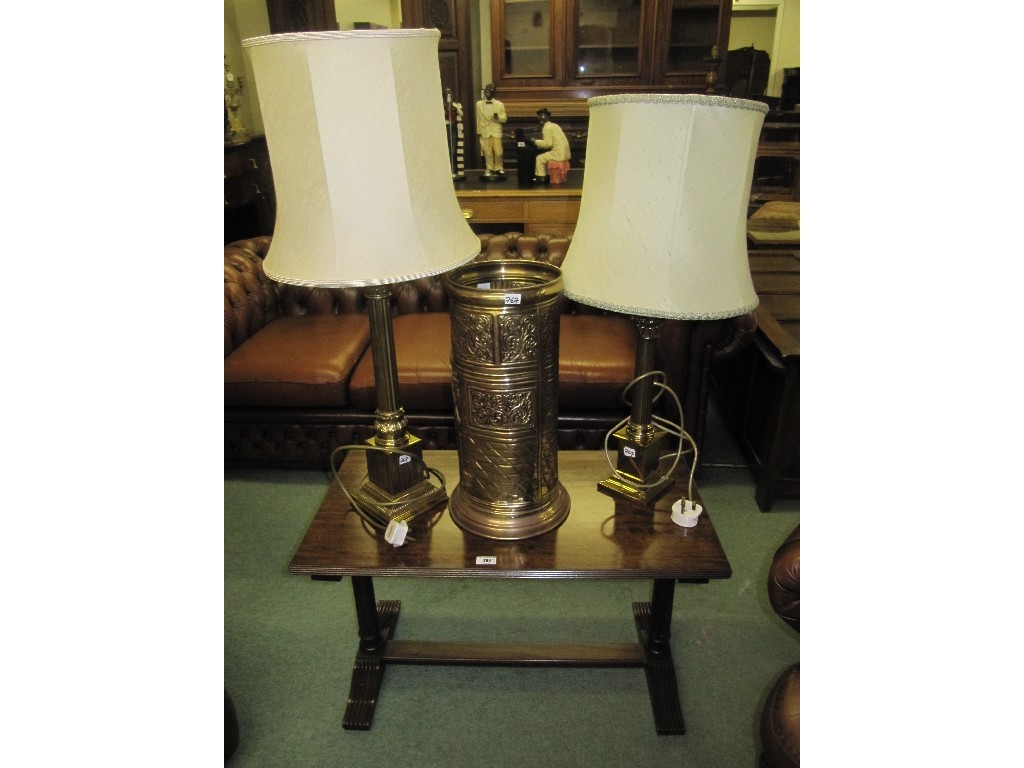 Appraisal: Mahogany occasional table two brass Corinthian table lamps with shades