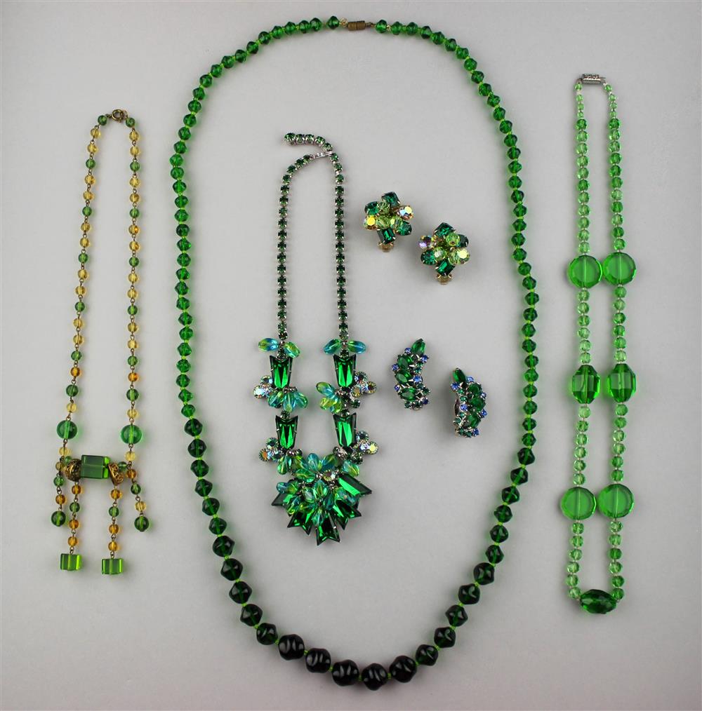 Appraisal: RHINESTONE SEMI-PARURE RHINESTONE EARRINGS AND THREE GREEN GLASS NECKLACES green