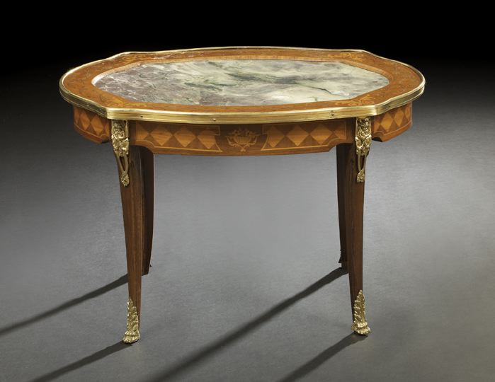 Appraisal: Louis XV-Style Mahogany Exotic Woods and Marble-Top Cocktail Table early