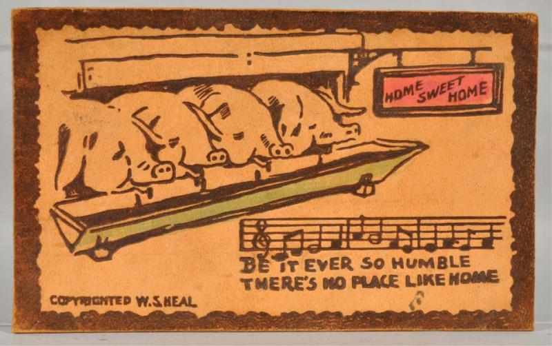 Appraisal: Leather May Postcard with Stamp The front has four pigs