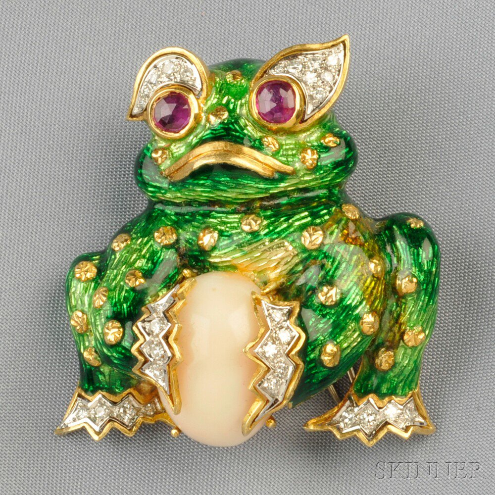 Appraisal: kt Gold Enamel and Gem-set Figural Brooch the green enamel