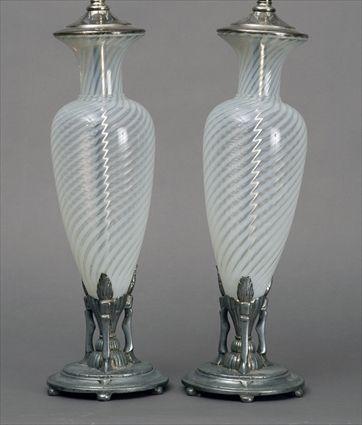 Appraisal: Pair of Opalescent Glass Vases in White Metal Stands Mounted