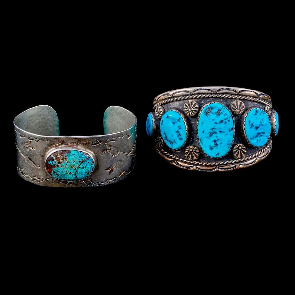 Appraisal: NAVAJO CUFF BRACELETS Two old pawn turquoise and silver cuff