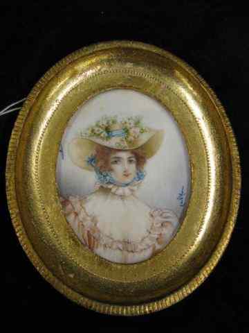 Appraisal: Miniature Portrait Printing on Ivory of YoungLady fancy hat signed