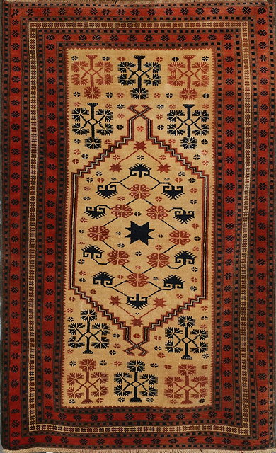 Appraisal: A TURKISH CAMEL GROUND RUG with stylised hook and star