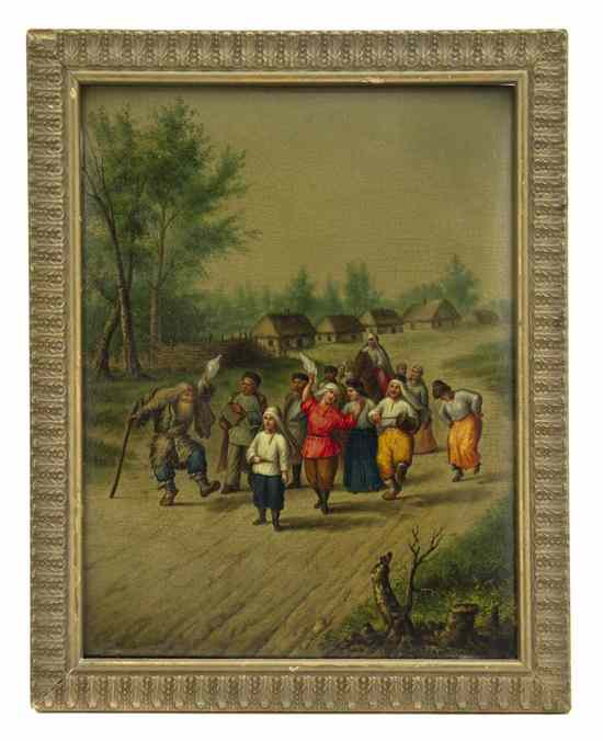 Appraisal: A Russian Lacquered Panel of rectangular form depicting peasants in