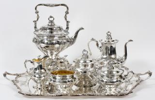 Appraisal: GORHAM STERLING TEA COFFEE SET WITH SILVERPLATE TRAY SEVEN PIECES