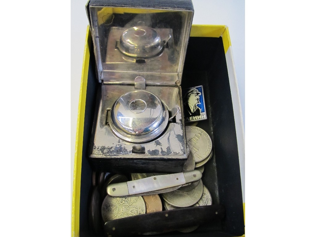 Appraisal: Box of assorted coins travel inkwell pocket knives etc