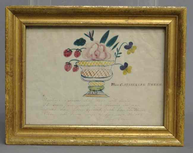 Appraisal: Early th c schoolgirl watercolor of a theorem basket with