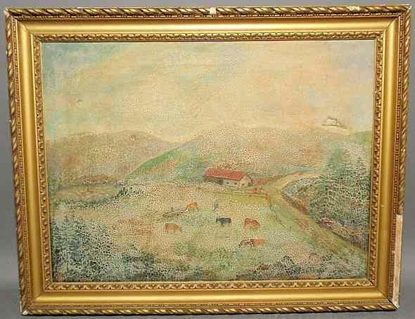 Appraisal: Oil on canvas painting of a farm scene th c