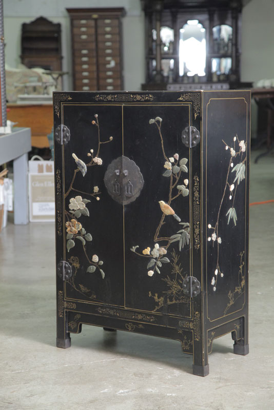 Appraisal: ORIENTAL CABINET Black laquered cabinet having stone floral and bird