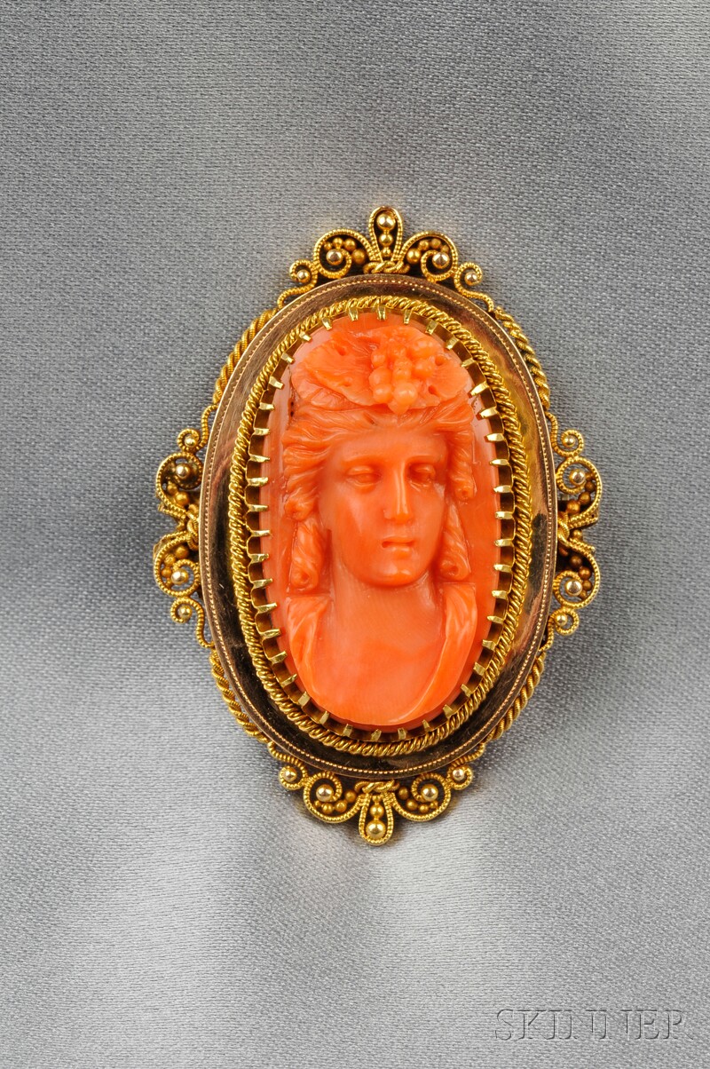 Appraisal: Antique Coral Cameo Brooch carved to depict a Bacchante within