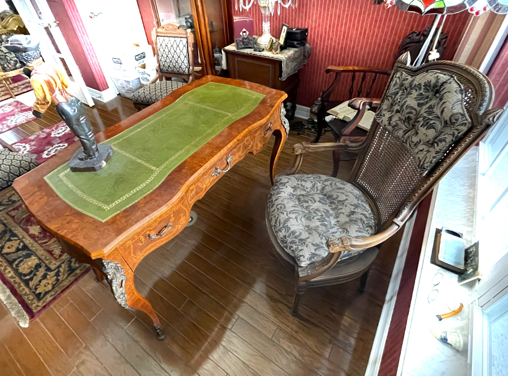 Appraisal: INLAID FRENCH DESK WITH CANE WORK CHAIR