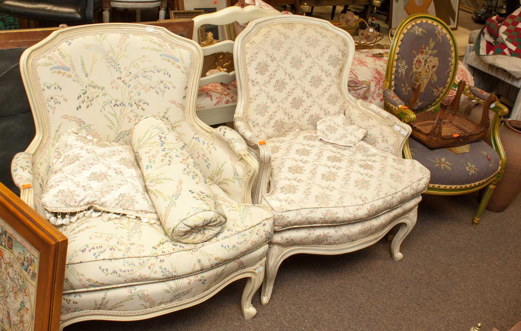 Appraisal: Assorted French style furniture including pair of upholstered armchairs tapestry