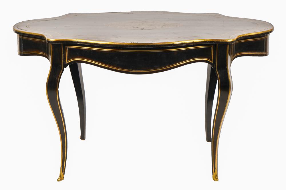 Appraisal: EBONIZED METAL-INLAID CENTER TABLEthe serpentine oval top with gilt-metal molding