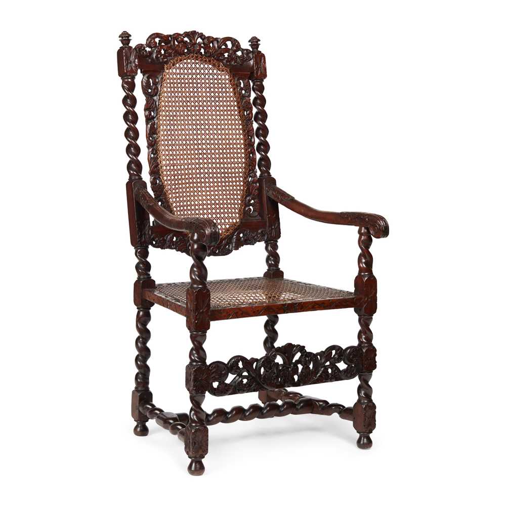 Appraisal: CHARLES II CARVED WALNUT AND CANED ARMCHAIR TH CENTURY the