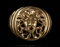 Appraisal: Gentleman's K Yellow Gold Medusa Ring with Ruby Accent Gentleman's