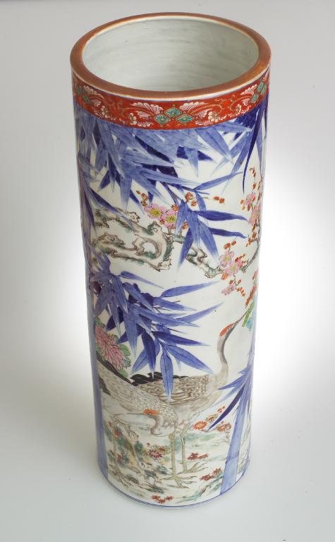 Appraisal: JAPANESE POTTERY STICKSTAND MEIJI PERIOD of cylindrical form painted in