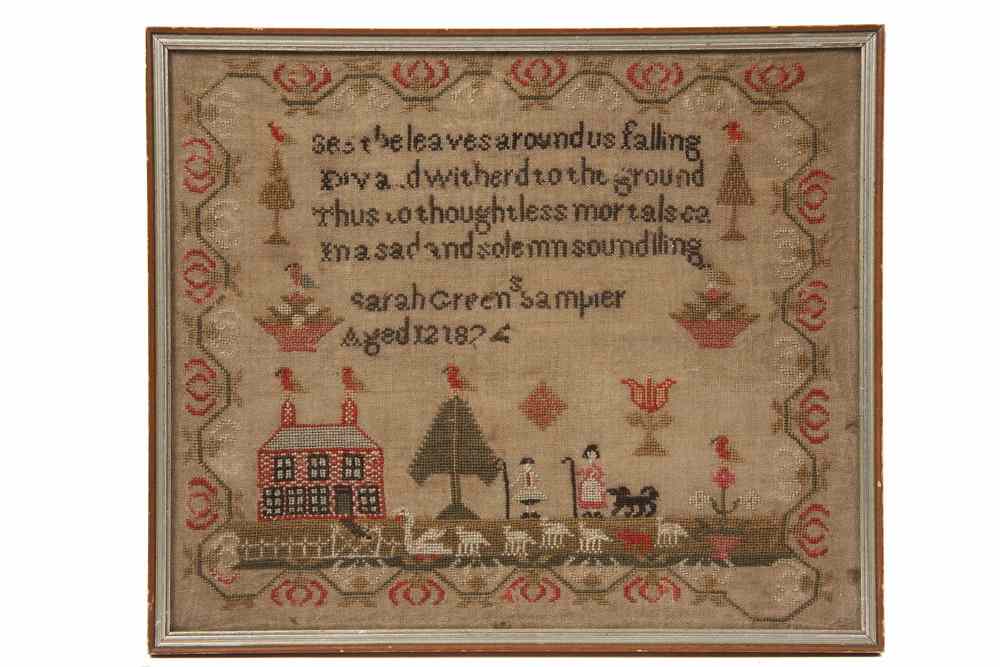 Appraisal: TH C SAMPLER - Sampler on Linen with floral border