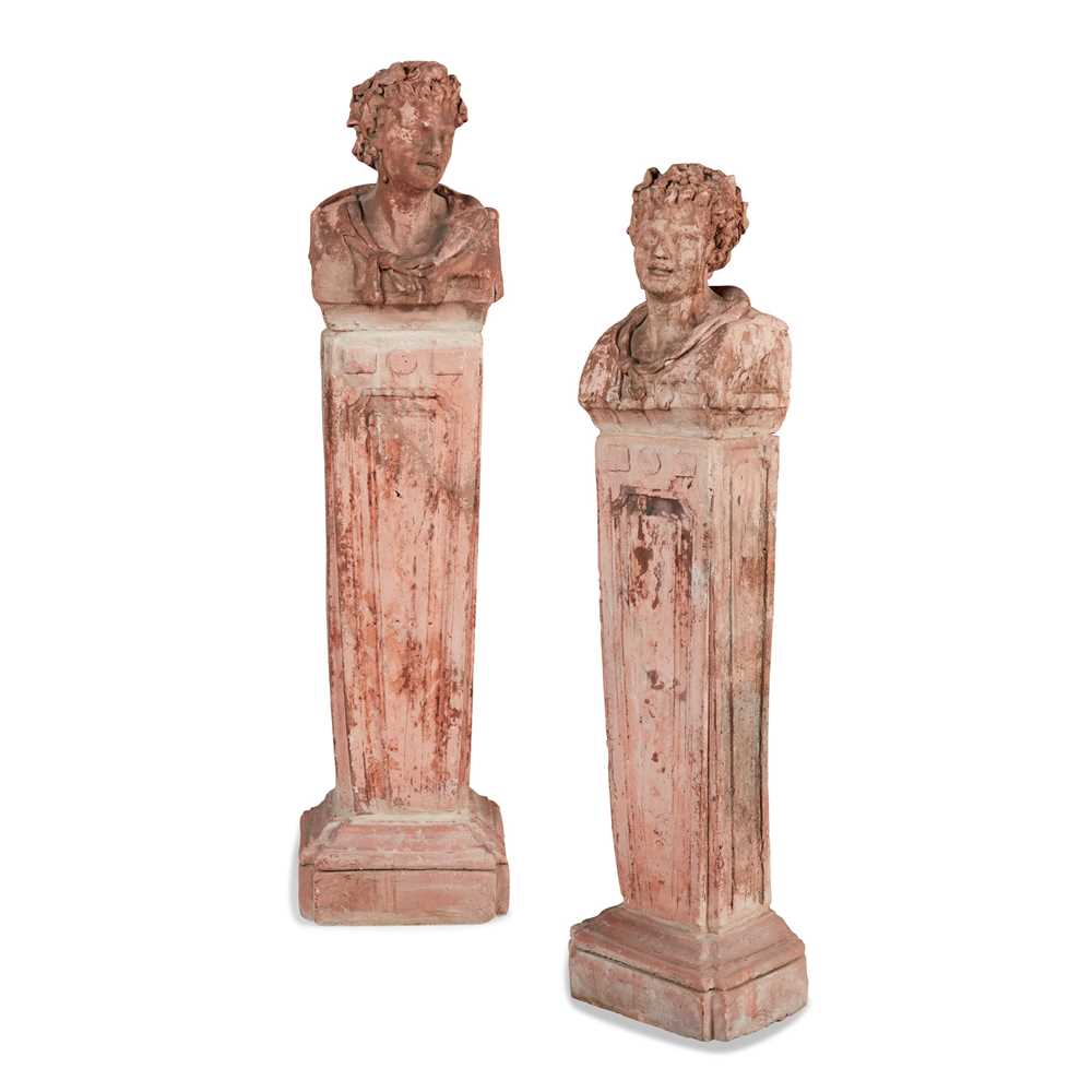 Appraisal: PAIR OF TERRACOTTA BACCHIC TERMS each with the bust of