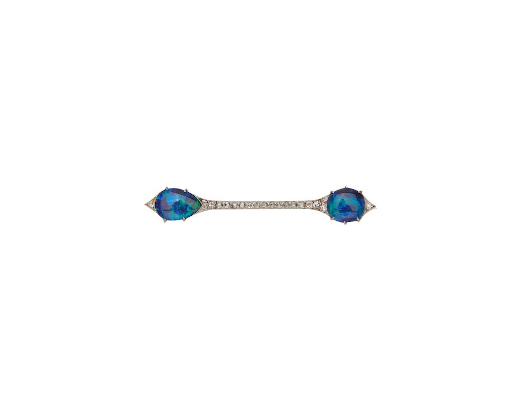 Appraisal: Platinum Black Opal and Diamond Bar Brooch Platinum Black Opal