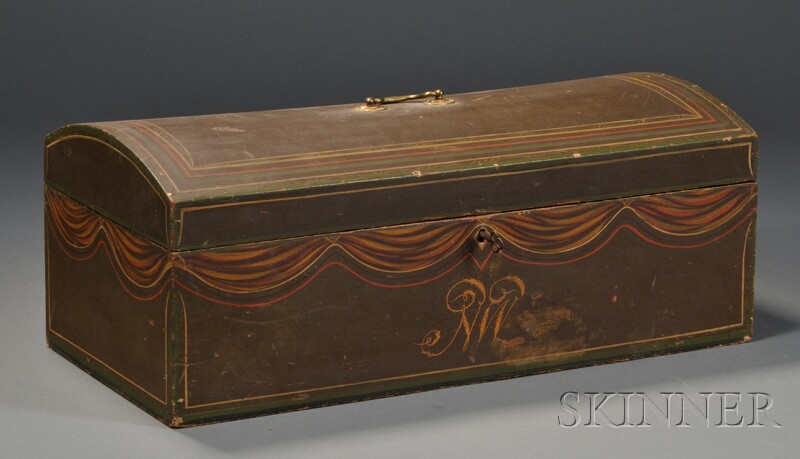 Appraisal: Paint-decorated Wooden Dome-top Trunk America early th century brass bail