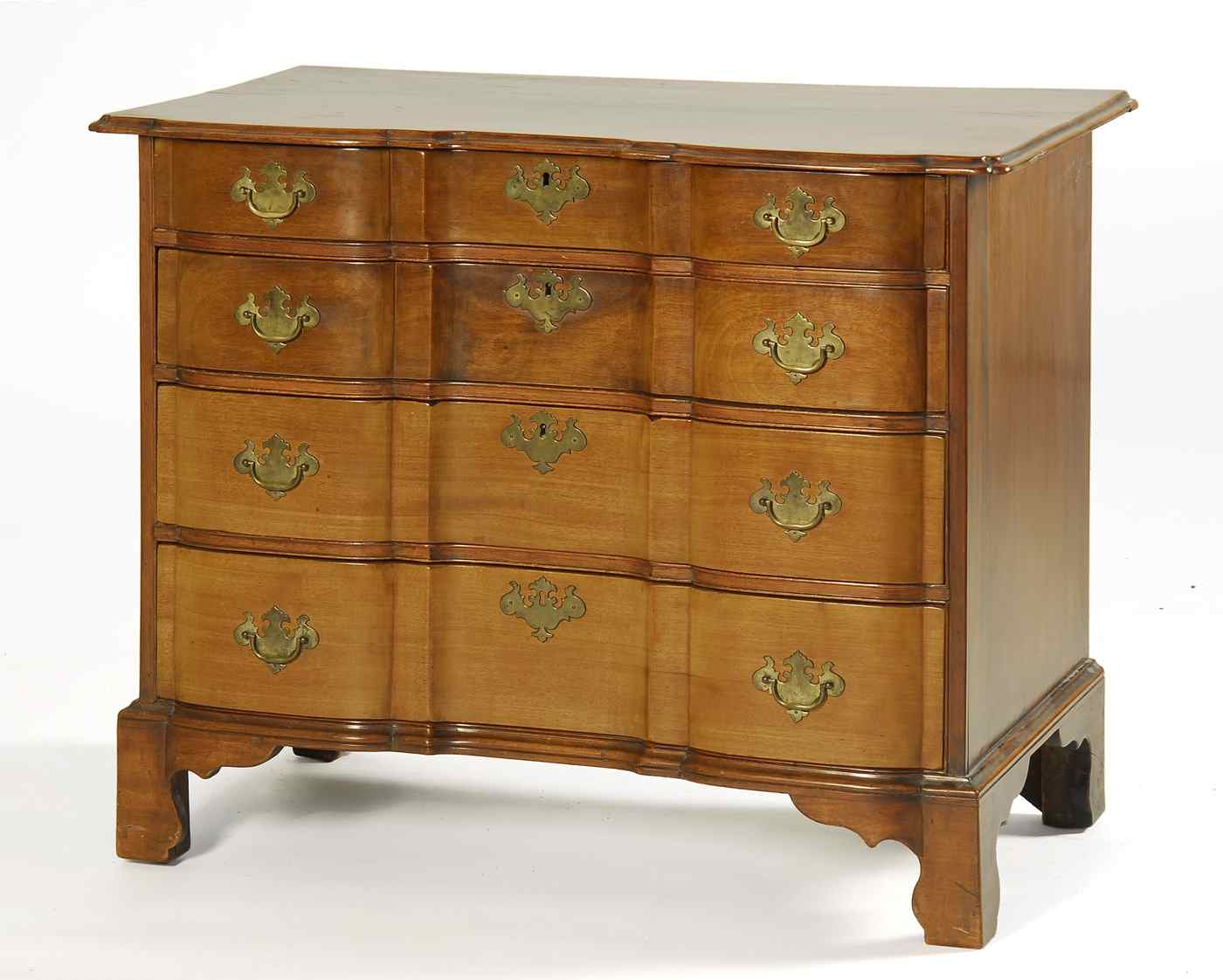 Appraisal: ANTIQUE AMERICAN CHIPPENDALE BLOCK-FRONT CHESTMassachusetts Circa In mahogany Shaped top