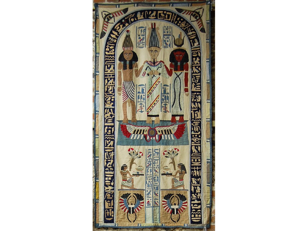 Appraisal: Egyptian-style embroidered wall hanging on linen back x cm