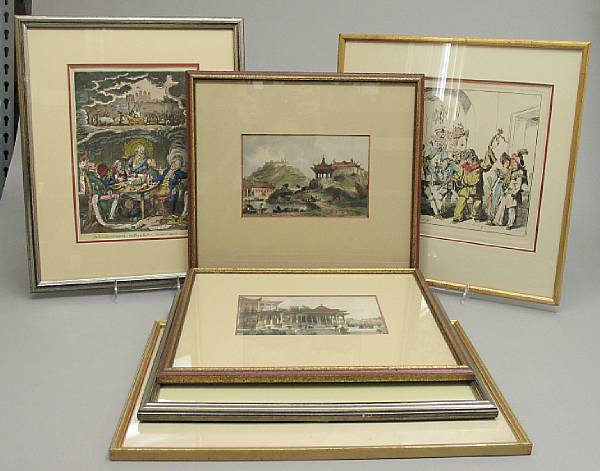 Appraisal: Six framed hand colored prints Comprising pair of Chinese architectural