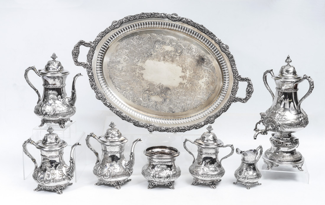 Appraisal: BAILEY CO COIN SILVER REPOUSSE TEA SERVICE piece tea service