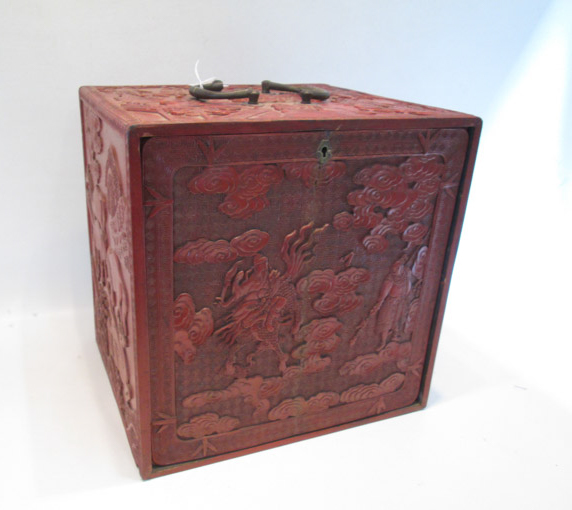 Appraisal: CHINESE CINNABAR STYLE BOX with fitted interior drawers Dimensions L