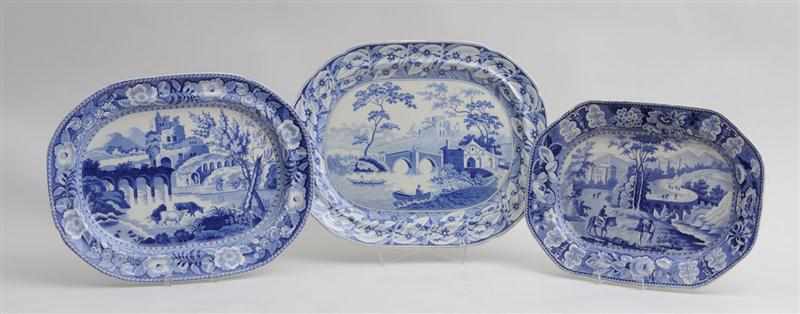 Appraisal: THREE STAFFORDSHIRE BLUE TRANSFER-PRINTED PLATTERS Unmarked two with rustic scenes