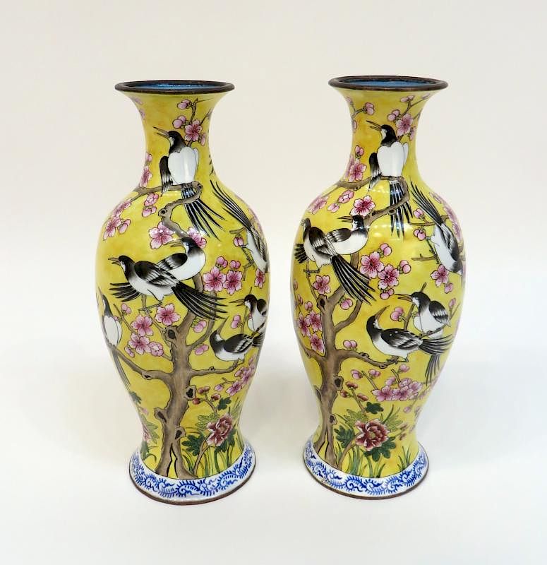 Appraisal: Pair Of Yellow Enamel Qianlong Vases Pair Of Yellow Enamel