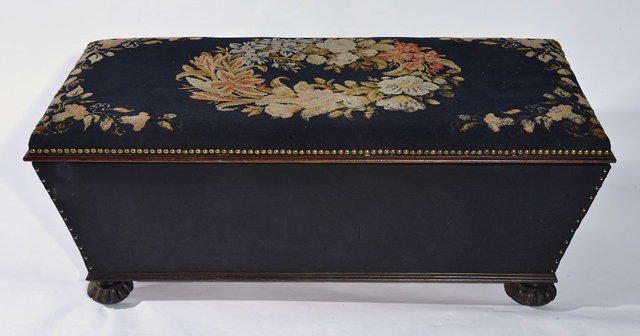 Appraisal: A VICTORIAN MAHOGANY AND TAPESTRY OTTOMAN with floral design top