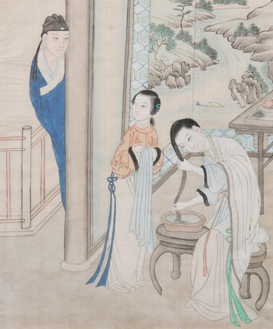 Appraisal: ANONYMOUS Chinese th century COURT LADY WITH ATTENDANT IN PAVILION