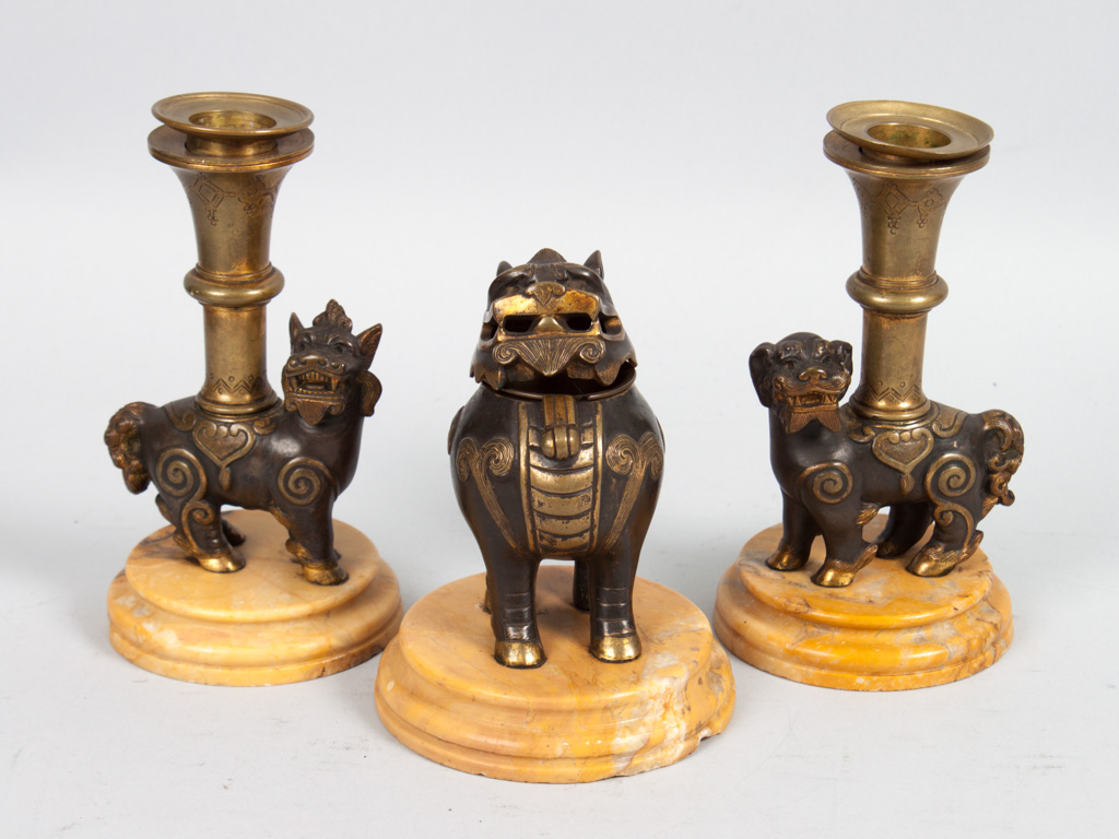 Appraisal: Chinese foo dog bronze candleholders and inkwell second half- th