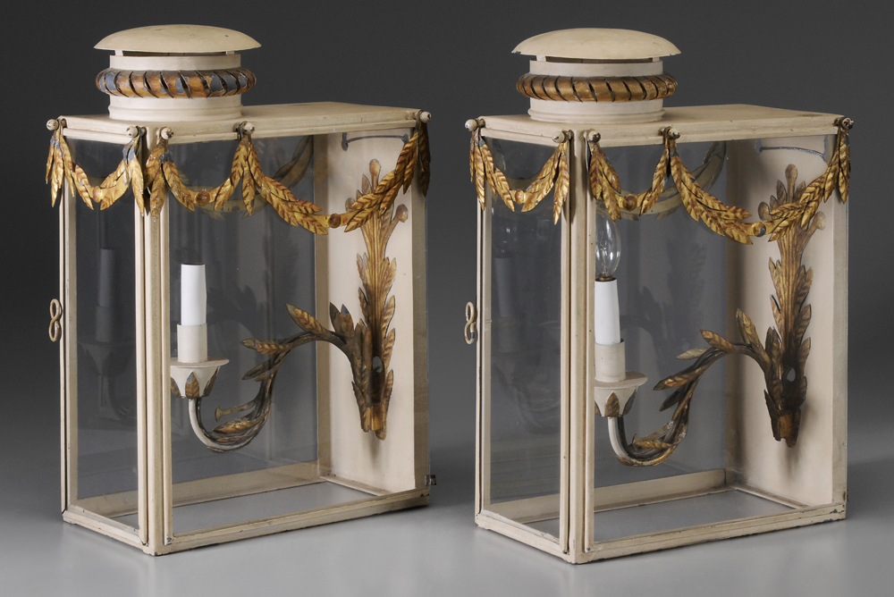 Appraisal: Pair Glass-Encased Lanterns American circa enclosing sconces with gilt leaf