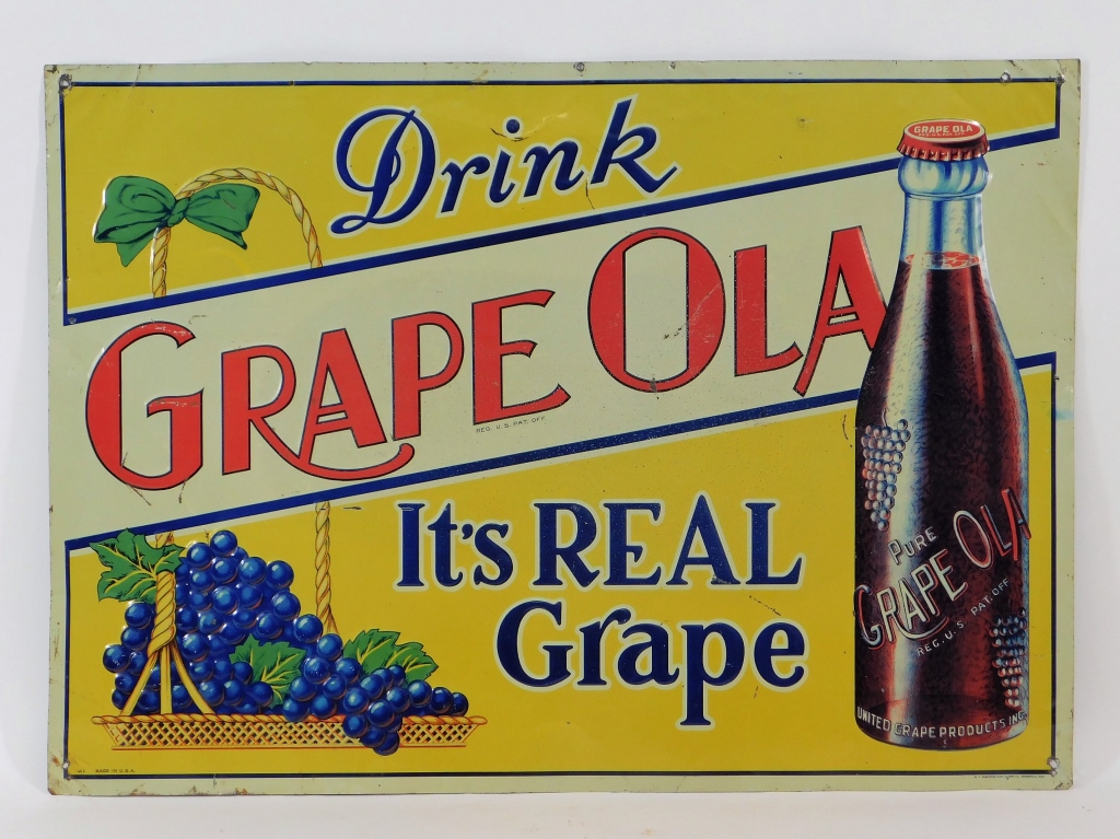 Appraisal: GRAPE OLA EMBOSSED TIN ADVERTISING SODA SIGN United States th