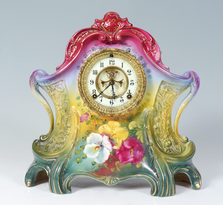 Appraisal: ANSONIA ROYAL BONN ''LA LAYON'' PORCELAIN MANTLE CLOCK Porcelain case